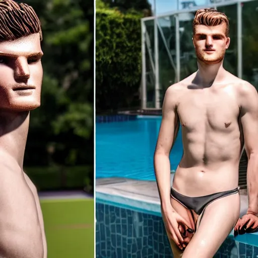 Image similar to a realistic detailed photo of a guy who is an attractive humanoid who is half robot and half humanoid, who is a male android, soccer player timo werner, shiny skin, posing like a statue, blank stare, by the pool, on display