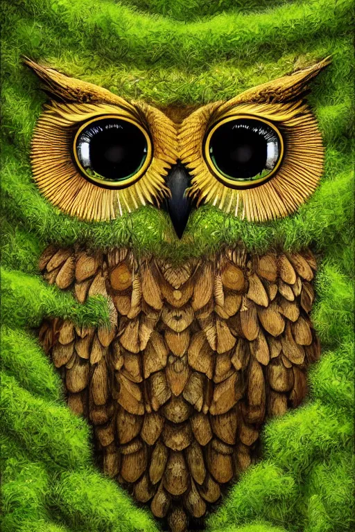 Image similar to an owl made of moss, symmetrical, highly detailed, digital art, sharp focus, amber eyes, ferns, trending on art station