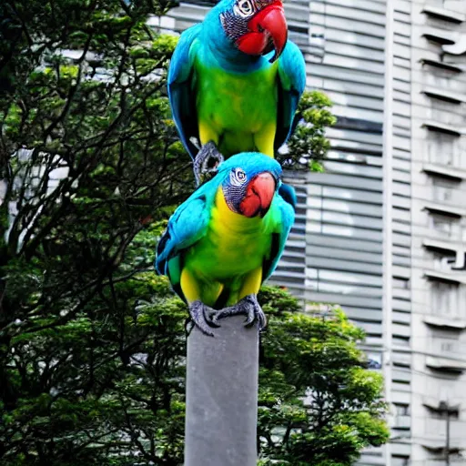 Image similar to a human sized parrot standing on a street in ota city, tokyo