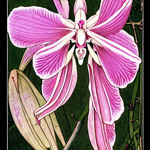 Image similar to orchid mantis by William Morris and Carlos Schwabe