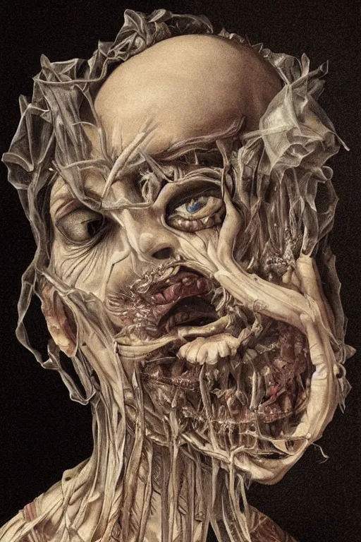 Image similar to Detailed maximalist portrait of a beautiful old woman with large lips and eyes, scared expression, botanical skeletal with extra flesh, HD mixed media, 3D collage, highly detailed and intricate, surreal illustration in the style of Caravaggio, dark art, baroque, centred in image