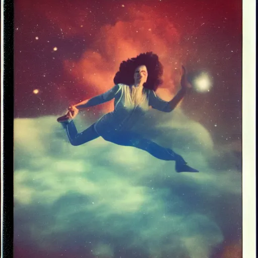 Prompt: vintage polaroid of a woman floating in deep space, detailed clouds, nebula, planets, galaxies, warm azure tones, red color bleed, film grain