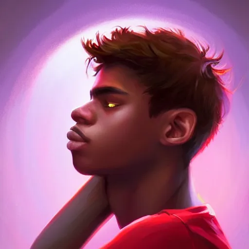 Image similar to colorful and festive captivating teenager with straight brown hair covering his eye, dark skin, big lips, wearing a red t - shirt. rich vivid colors, ambient lighting, dynamic lighting, 4 k, atmospheric lighting, painted, intricate, highly detailed by charlie bowater