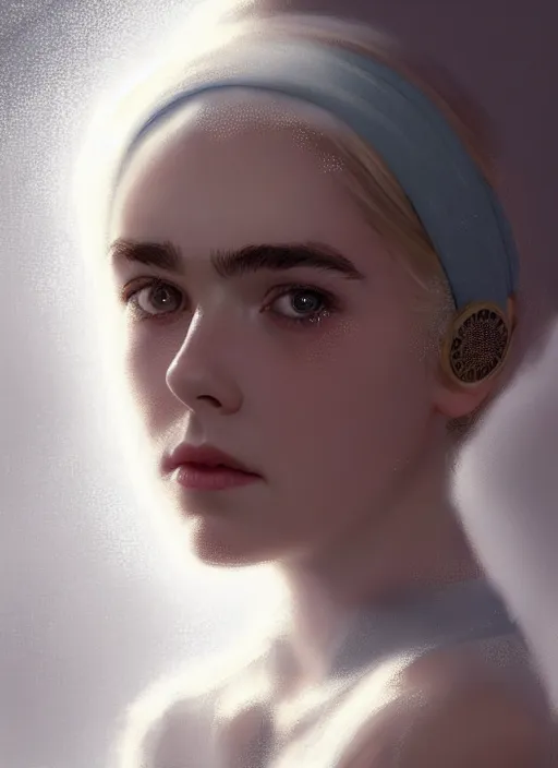 Image similar to portrait of kiernan shipka with freckles, white hair, 1 9 6 0 s bob hairstyle with bangs and hairband, intricate, elegant, glowing lights, highly detailed, digital painting, artstation, concept art, smooth, sharp focus, illustration, art by wlop, mars ravelo and greg rutkowski