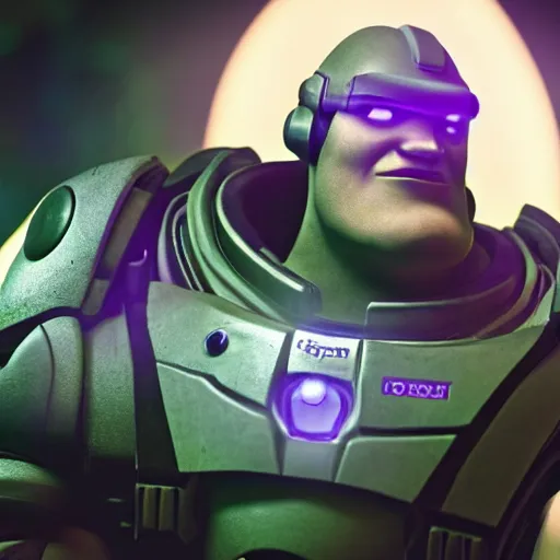 Image similar to Buzz Lightyear in 'Gears of War', splash art, movie still, cinematic lighting, detailed face, dramatic, octane render, long lens, shallow depth of field, bokeh, anamorphic lens flare, 8k, hyper detailed, 35mm film grain