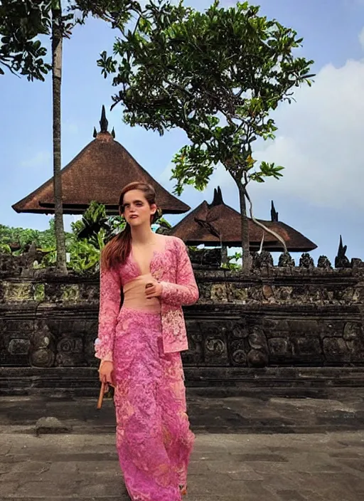 Prompt: emma watson wearing kebaya bali in bali. iconic place in bali. front view. instagram holiday photo shoot