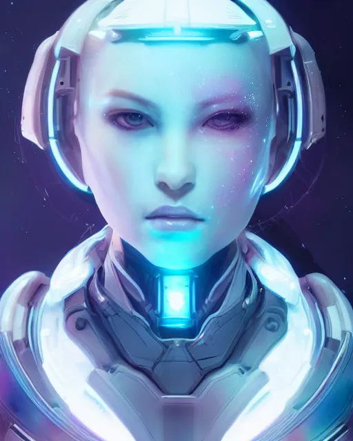 Image similar to perfect android girl on a mothership, warframe armor, beautiful face, scifi, futuristic, galaxy, nebula, raytracing, dreamy, long white hair, blue cyborg eyes, sharp focus, cinematic lighting, highly detailed, artstation, divine, by gauthier leblanc, kazuya takahashi, huifeng huang