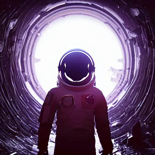 Image similar to ultra realistic, astronaut standing inside of an eerie space cathedral surrounded by cultists, there’s a large obsidian vortex floating above, black and red background, occult, photo realistic, dark atmosphere