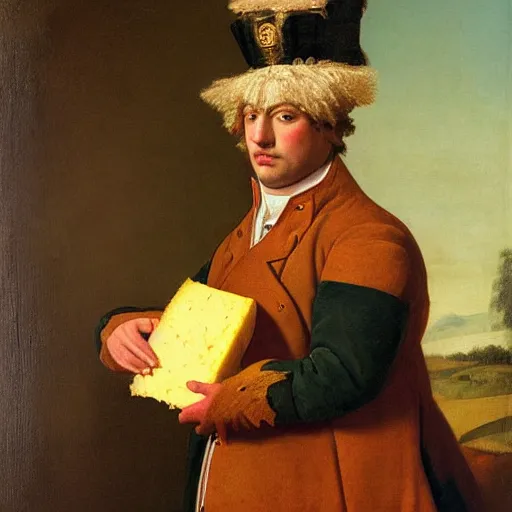 Prompt: portrait painting of a tiger holding a piece of cheese and wearing napoleon cloths by George Stubbs, renaissance painting, oil painting, old master