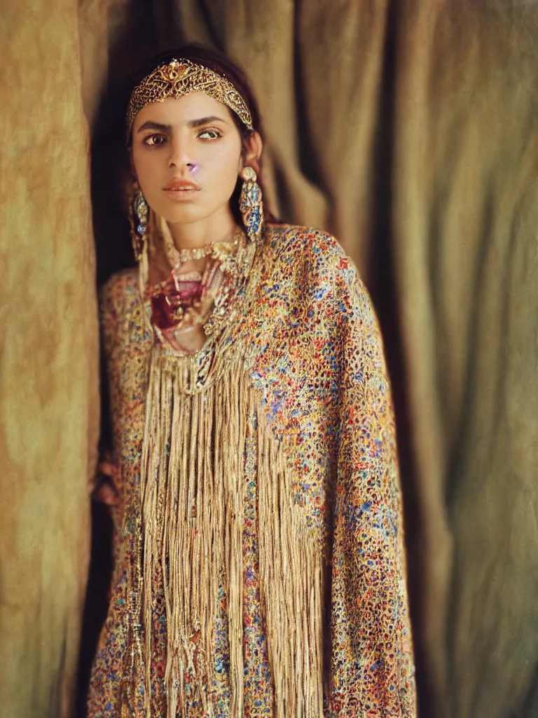 Prompt: Portrait of an ancient young Persian Princess wearing a Kaftan shot by Annie Leibovitz with Kodak Professional Portra 400 film stock,