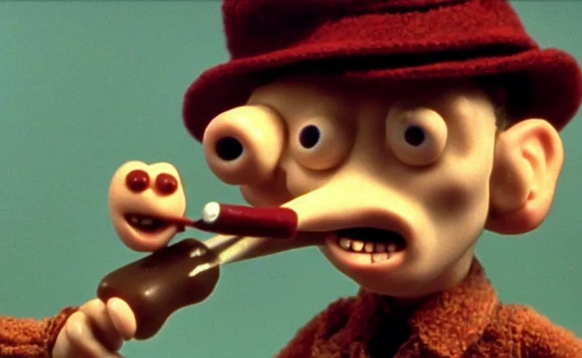 Image similar to Wallace smoking crack from a crack pipe in a still from the short movie A Grand Day Out (1989), crack cocaine, Wallace and Gromit, Aardman Animations, claymation, 4k, high quality