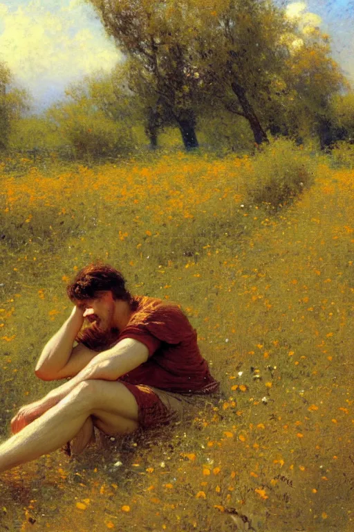 Image similar to attractive man relaxing in flower field, painting by gaston bussiere, craig mullins