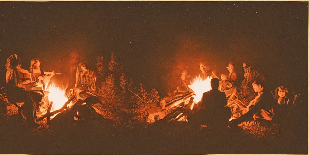 Image similar to a campfire under the stars, 1940s faded risograph print, limited color palette, earthtones, double-exposure