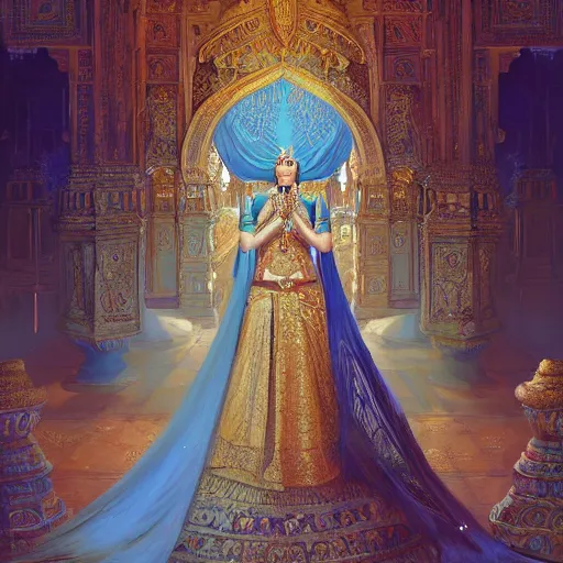 Image similar to An Indian princess with a very long ornate blue dress stands along in a very tall cavernous throne room filled with light. masterpiece 4k digital illustration by Ruan Jia and Mandy Jurgens and Artgerm and greg rutkowski, award winning, Artstation, Alphonse Mucha background, intricate details, realistic, panoramic view, Hyperdetailed, 8k resolution