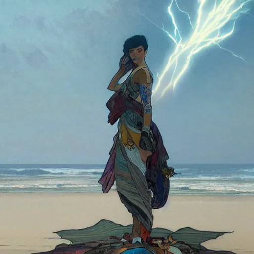 Image similar to giant robot is on an empty beach, at dusk, art by greg rutkowski and alphonse mucha. colorful, highly detailed, trending on artstation, 4 k, epic, cinematic lightning