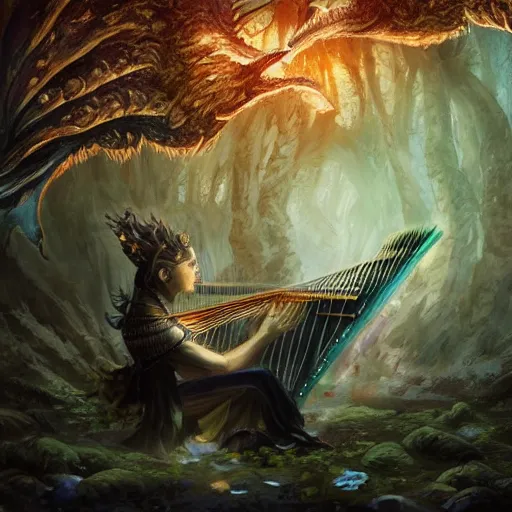 Image similar to Kitsune playing Harp in magical forest, magic the gathering artwork, D&D, fantasy, cinematic lighting, centered, symmetrical, highly detailed, digital painting, artstation, concept art, smooth, sharp focus, illustration, volumetric lighting, epic Composition, 8k, art by Akihiko Yoshida and Greg Rutkowski and Craig Mullins, heroic pose, oil painting, cgsociety