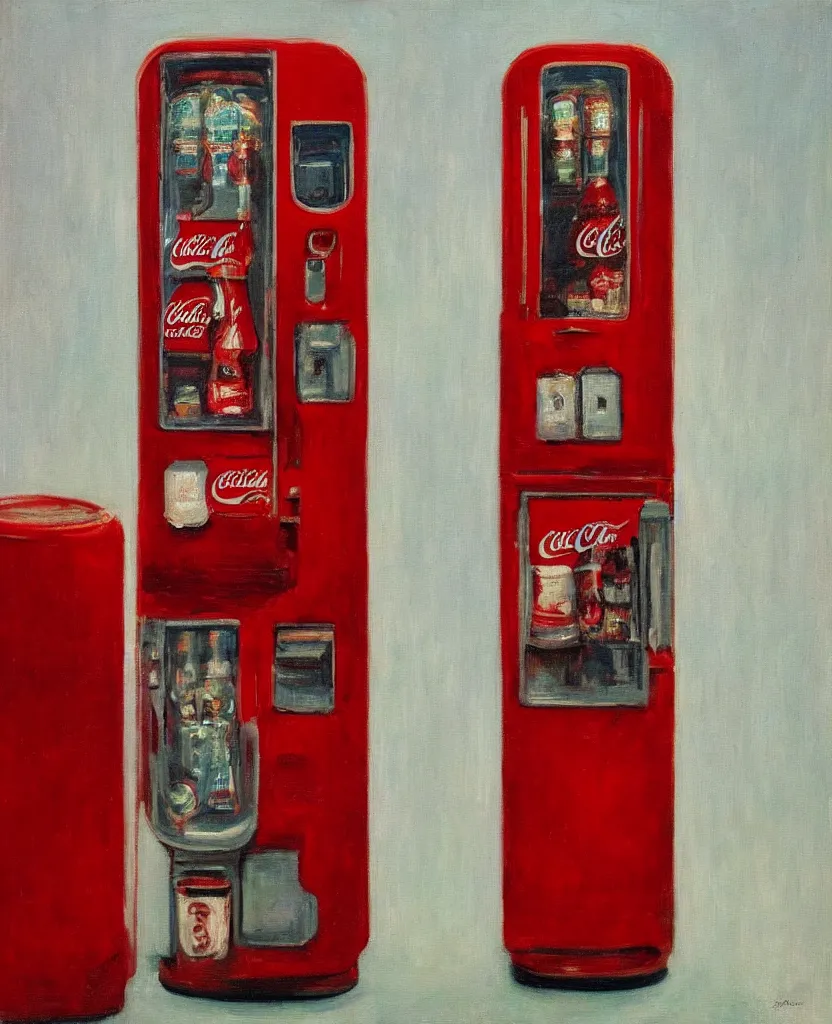 Prompt: achingly beautiful oil painting of 1 9 4 0 s coca - cola vending machine by monet, hopper, and magritte. centered, red and white.