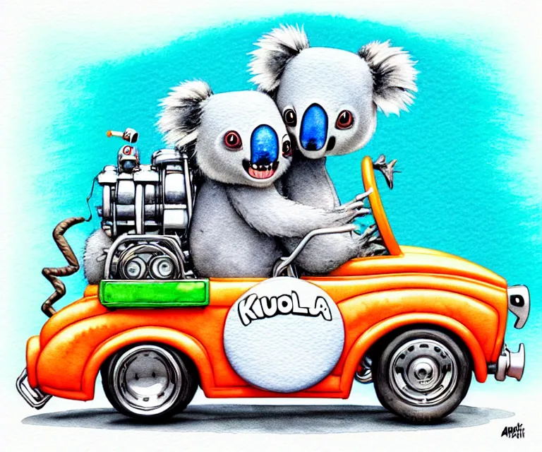 Prompt: cute and funny, koala wearing a helmet riding in a hot rod with an oversize engine, ratfink style by ed roth, centered award winning watercolor pen illustration, isometric illustration by chihiro iwasaki, edited by range murata, tiny details by artgerm and watercolor girl, symmetrically isometrically centered, sharply focused