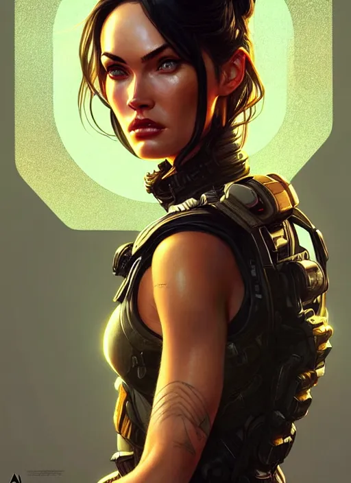 Image similar to portrait of apex legends megan fox, intricate, elegant, glowing lights, highly detailed, digital painting, artstation, glamor pose, concept art, smooth, sharp focus, illustration, art by artgerm and greg rutkowski, artey freytag