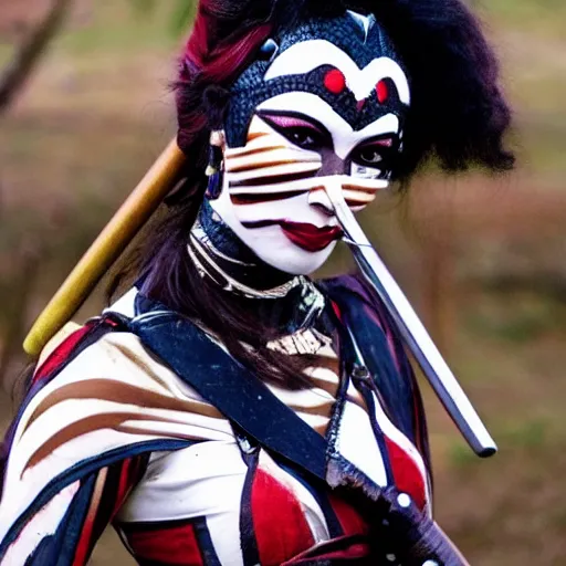 Prompt: photo of a beautiful female harlequin warrior with weapon
