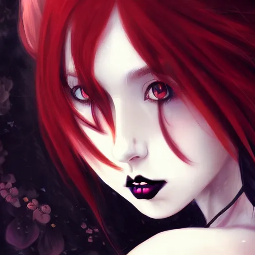 Image similar to facial portrait of a young pretty anime woman, long red hair, dark eyes, gothic eyeliner, character concept art, headshot, Charlie Bowater, Anna Dittmann, WLOP, Rumiko Takahashi, Akihiko Yoshida, Hyung-tae Kim, alexander mcqueen, trending on Artstation