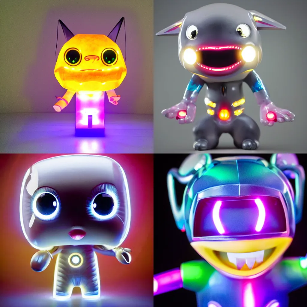 Image similar to a highly detailed vinyl figure with lighting bolts coming out of its eyes it is pointing to the right, RGB smile, square nose, electric eyes, sparking eyes, realistic lighting, realistic reflections, surprise, shocking