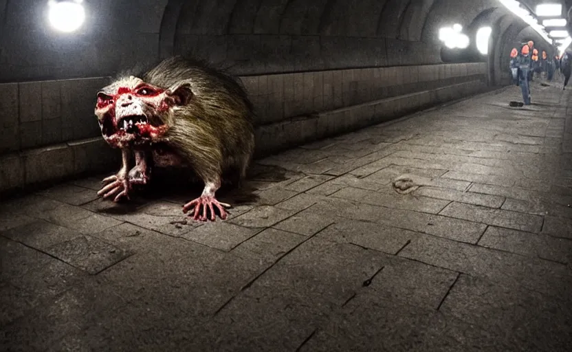 Image similar to very large giant mutant zombie rat with cancer in tonnel of moscow metro. extreme high detail. low dark light, scary atmosphere.