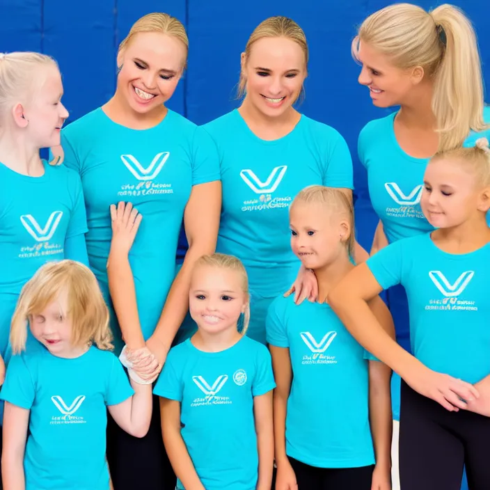 Image similar to blonde ymca gymnastics coach with aquamarine t shirt with y logo on it teaching kids gymnastics, high detail, good lighting