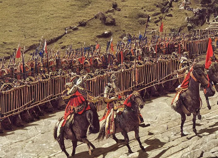 Prompt: a high detail photograph of alexander the great parading with his army through machu pichu, award winning photograph