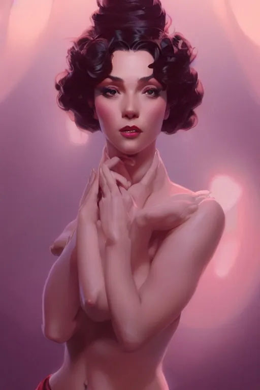 Prompt: character concept a beautiful voluminous woman burlesque dancer, portrait, highly detailed, digital painting, artstation, concept art, smooth, sharp focus, illustration, cinematic lighting, art by artgerm and greg rutkowski and alphonse mucha