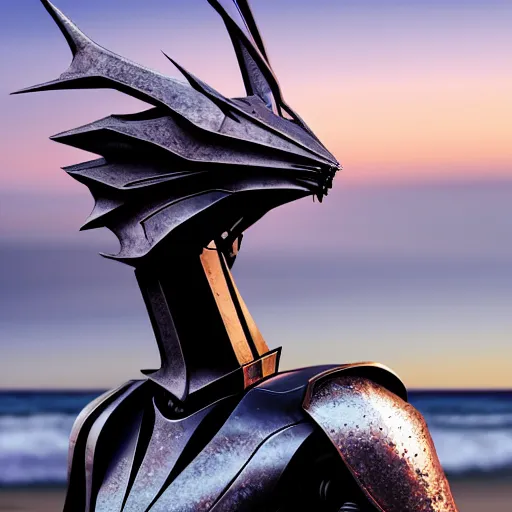 Prompt: epic close up shot, realistic detailed stunning beautiful anthropomorphic robot mechanical female dragon, doing an elegant pose with hand on hip, looking to the side, sleek streamlined armor and design, sharp claws, sleek well designed head, standing on two legs, wearing a hooded cloak that blows in the wind from behind her, on the beach during sunset, high quality, cinematic art, sunset lighting, artstation, deviantart, furaffinity