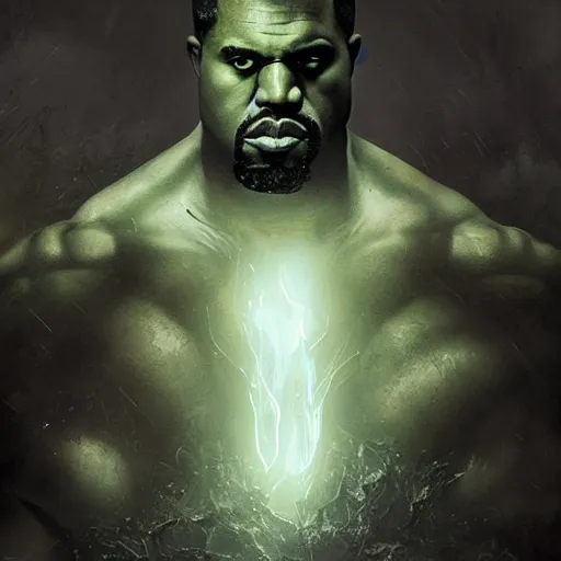 Prompt: Portrait of Kanye West as the Hulk, angry, amazing splashscreen artwork, splash art, head slightly tilted, natural light, elegant, intricate, fantasy, atmospheric lighting, cinematic, matte painting, by Greg rutkowski