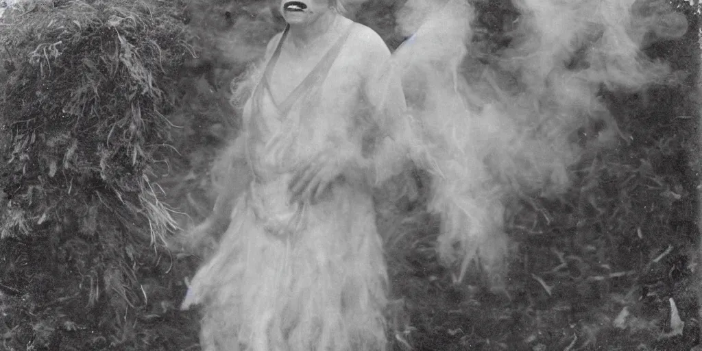 Image similar to 1 9 2 0 s spirit portrait photography of an old female farmer turning into a krampus ghost with hay cloth in the dolomites, smoke from mouth, casting a root spell, inviting hand, witchy, wicca, by william hope, dark, eerie, grainy