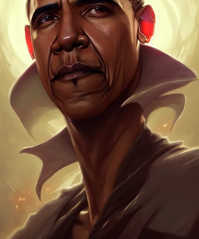 Prompt: Obama as a fantasy magic man portrait, sci-fi, amber eyes, face, fantasy, intricate, elegant, highly detailed, digital painting, artstation, concept art, smooth, sharp focus, illustration, art by artgerm and greg rutkowski and alphonse mucha