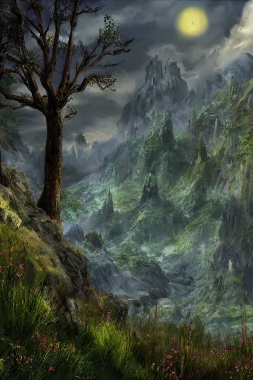 Image similar to Artwork in style of The Elder Scrolls Oblivion of the cinematic view of the Celestial Forest of Buried Enchantments.