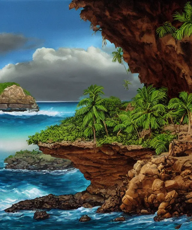 Prompt: photorealistic painting of turtle bay beach jamaica, sharp cliffs, island with cave, dark, atmospheric, brooding, smooth, finely detailed, cinematic, epic, in the style of larry elmore