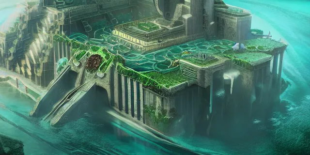 Prompt: emerald tablet, epic large underwater city, highly detailed, photorealistic, octane render, beautiful, glorious, matte painting, cinematic