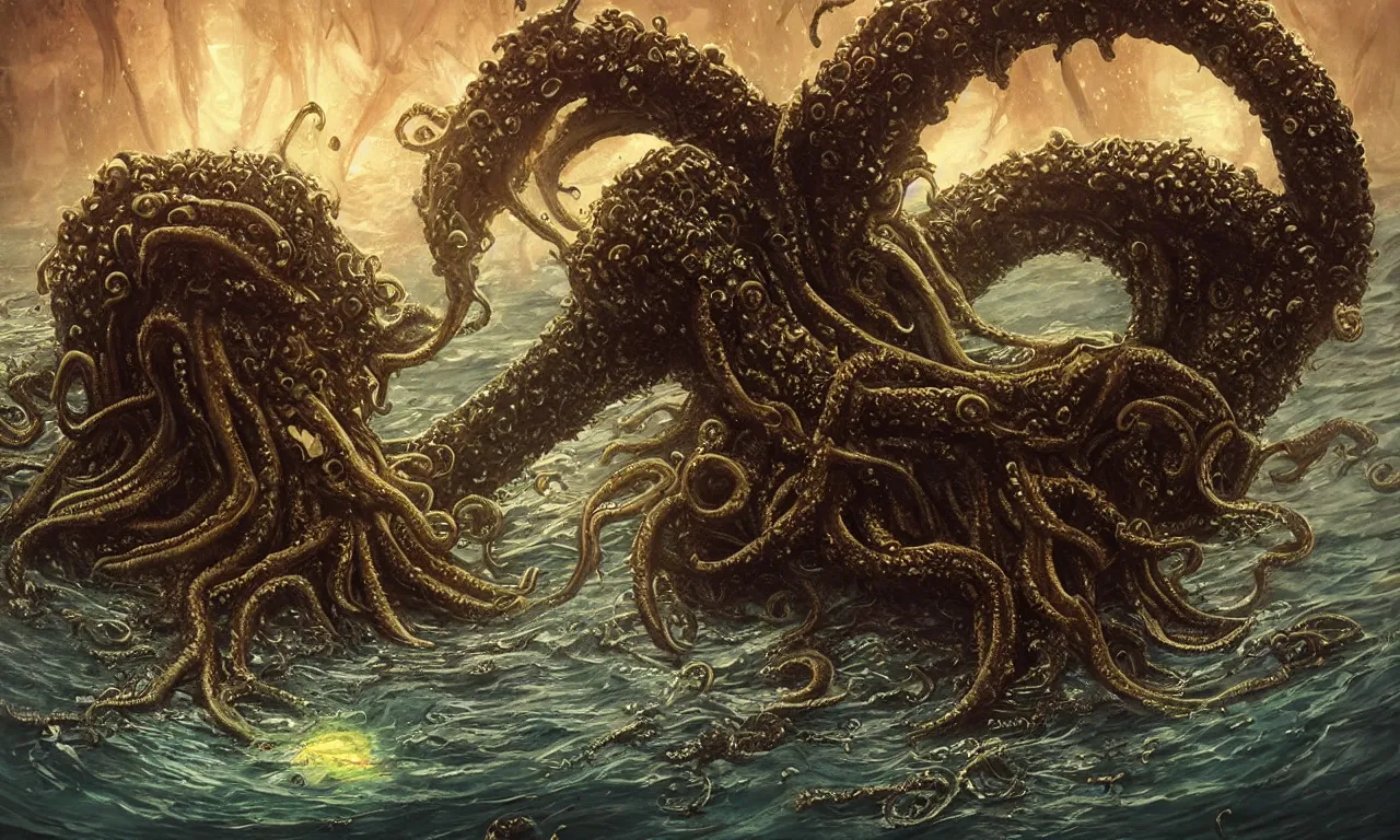 Image similar to Head Mysterious monster Cthulhu in the sea, huge tentacles sticking out of the water, oil on canvas, cold colors, perfect composition, golden ratio, beautiful detailed, photorealistic, digital painting, artstation, concept art, smooth, sharp focus, illustration, cyberpunk background, artstation trending, octane render, unreal engine