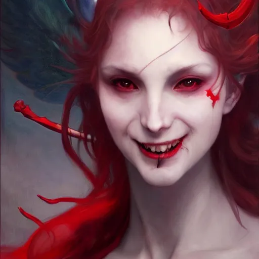 Prompt: Beautiful pale laughing succubus with wings and devil's horns, red lighting, masterpiece 4k digital illustration by Ruan Jia and Mandy Jurgens and Artgerm and william-adolphe bouguereau, highly detailed, trending on artstation, award winning,