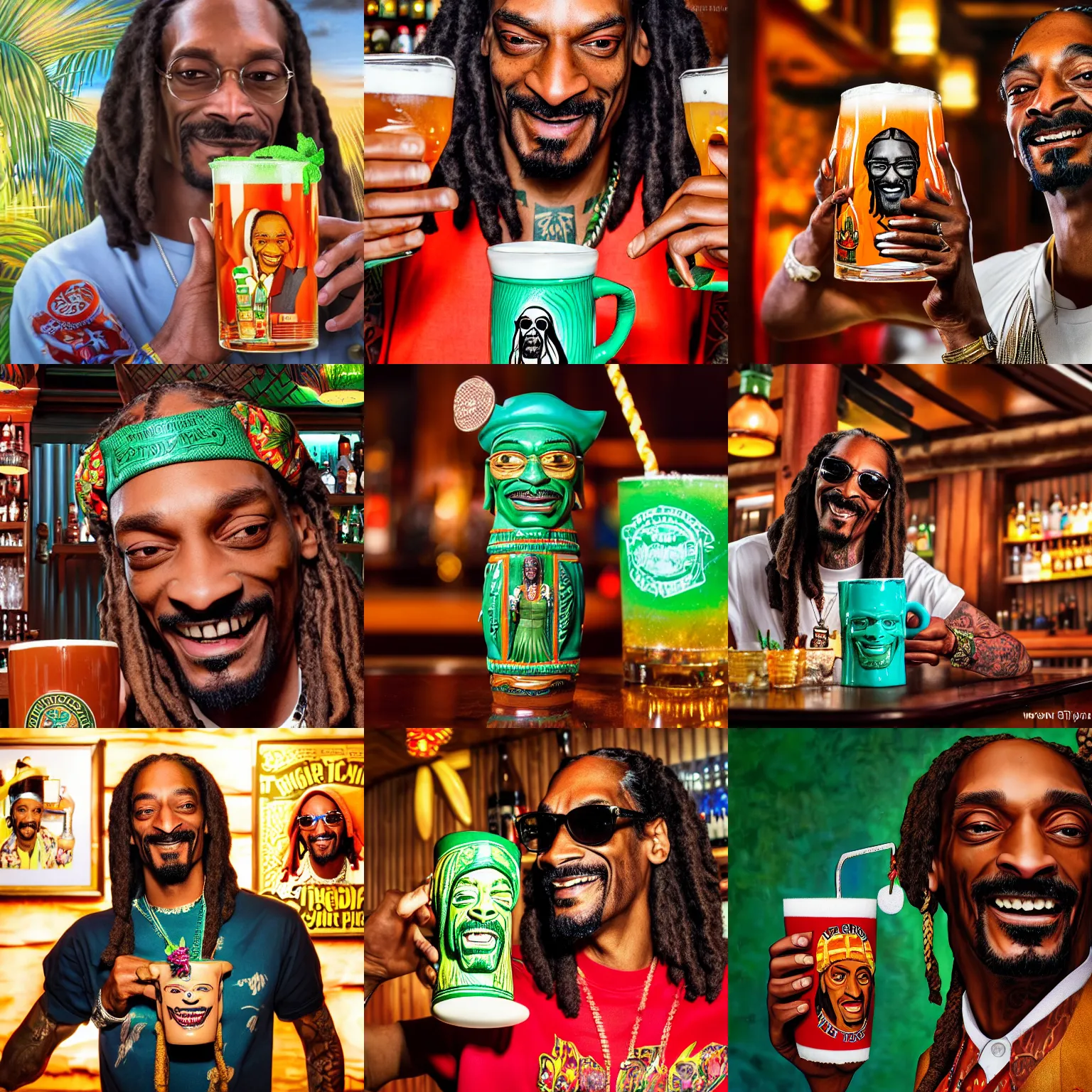 Prompt: a closeup photorealistic photograph of happy snoop dogg at trader vic's bar holding up a trader vic's tiki mug featuring the face of snoop dogg tiki culture. brightly lit scene. this 4 k hd image is trending on artstation, featured on behance, well - rendered, extra crisp, features intricate detail, epic composition and the style of unreal engine.