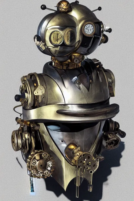 Image similar to steampunk mask minimalist fantasy art robot ninja helmet, global illumination ray tracing hdr fanart arstation by sung choi and eric pfeiffer and gabriel garza and casper konefal radiating a glowing aura