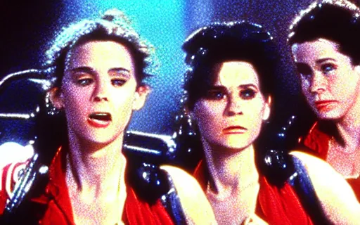 Image similar to full - color cinematic movie still from the 1 9 8 4 film ghostbusters starring young jennifer connelly and alyssa milano and lea thompson as ghostbusters. detailed facial - features ; supernatural ; action ; comedy.