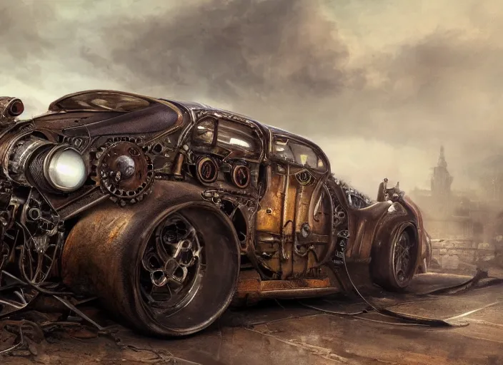 Image similar to detailed concept art illustration oil painting of a steampunk muscle car in full intricate detail, ultra detailed, digital art, octane render, 4K, dystopian, micro details