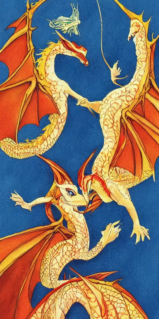 Prompt: greeting card, love, 2 beautiful dragons, by tran nguyen, warm colors, cozy