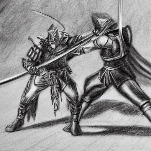 Image similar to hero fighting against two swordsmen in the middle of an arena, pencil art, added detail, high definiton