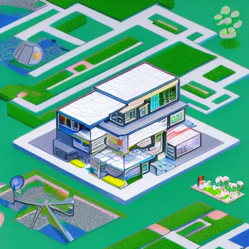 Prompt: isometric view of a moden retro futuristic home by Chiho Aoshima