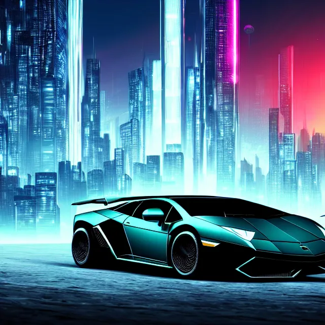 Prompt: epic digital art of photorealistic synthwave lamborghini driving through very dark hard edged city towers from tron movie, faint tall mountains in background, wlop, pixiv