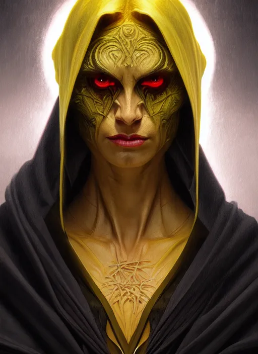 Image similar to portrait of a human evil sith-lord, human face, evil yellow eyes, enraged, angry, dark evil robes, intricate, elegant, highly detailed, digital painting, artstation, concept art, smooth, sharp focus, illustration, art by artgerm and greg rutkowski and alphonse mucha, 4k