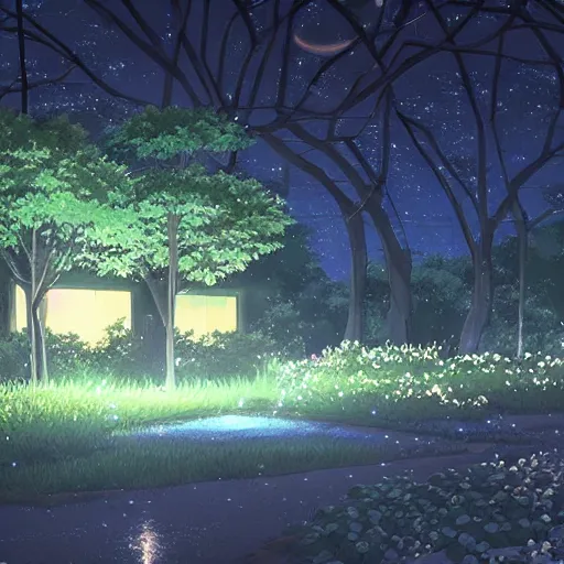 Image similar to a secret garden at night, moon, no people, by makoto shinkai