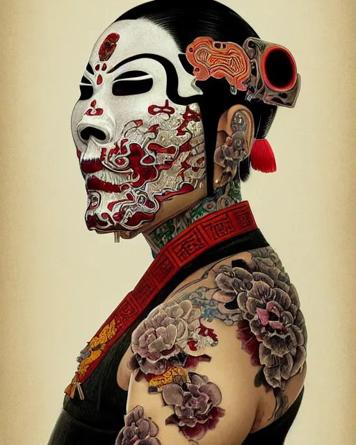 Image similar to portrait of slipknot band, upper half portrait, decorated with chinese opera motifs, asian, bian lian, traditional chinese art, intricate, elegant, highly detailed, symmetry, digital painting, artstation, concept art, smooth, sharp focus, illustration, art by artgerm and greg rutkowski and alphonse mucha, 8 k